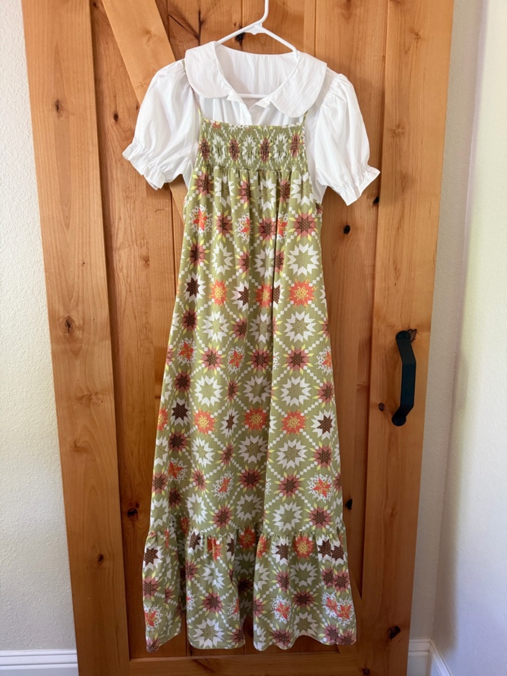 Prairie Farm Cottagecore Boho Country Star Quilt Print Sage Green Maxi Pinafore - Picture 4 of 11